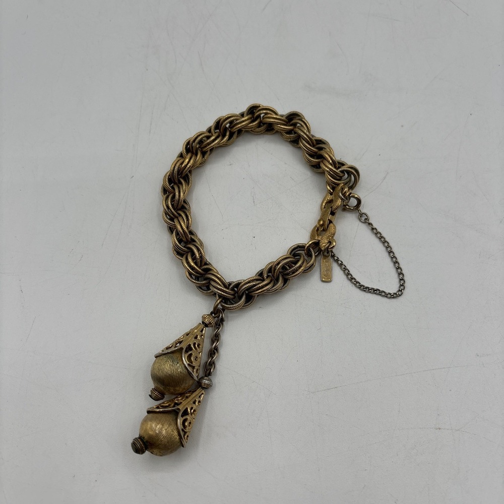 Vintage‎ Monet Bracelet Gold Tone Double Ball Tassels Safety Chain Braided